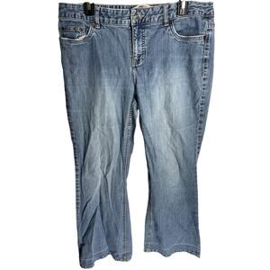 Y2K Retro Route 66 Flare Jeans Junior 13 Short Blue Denim Mid Rise DISTRESS HEM